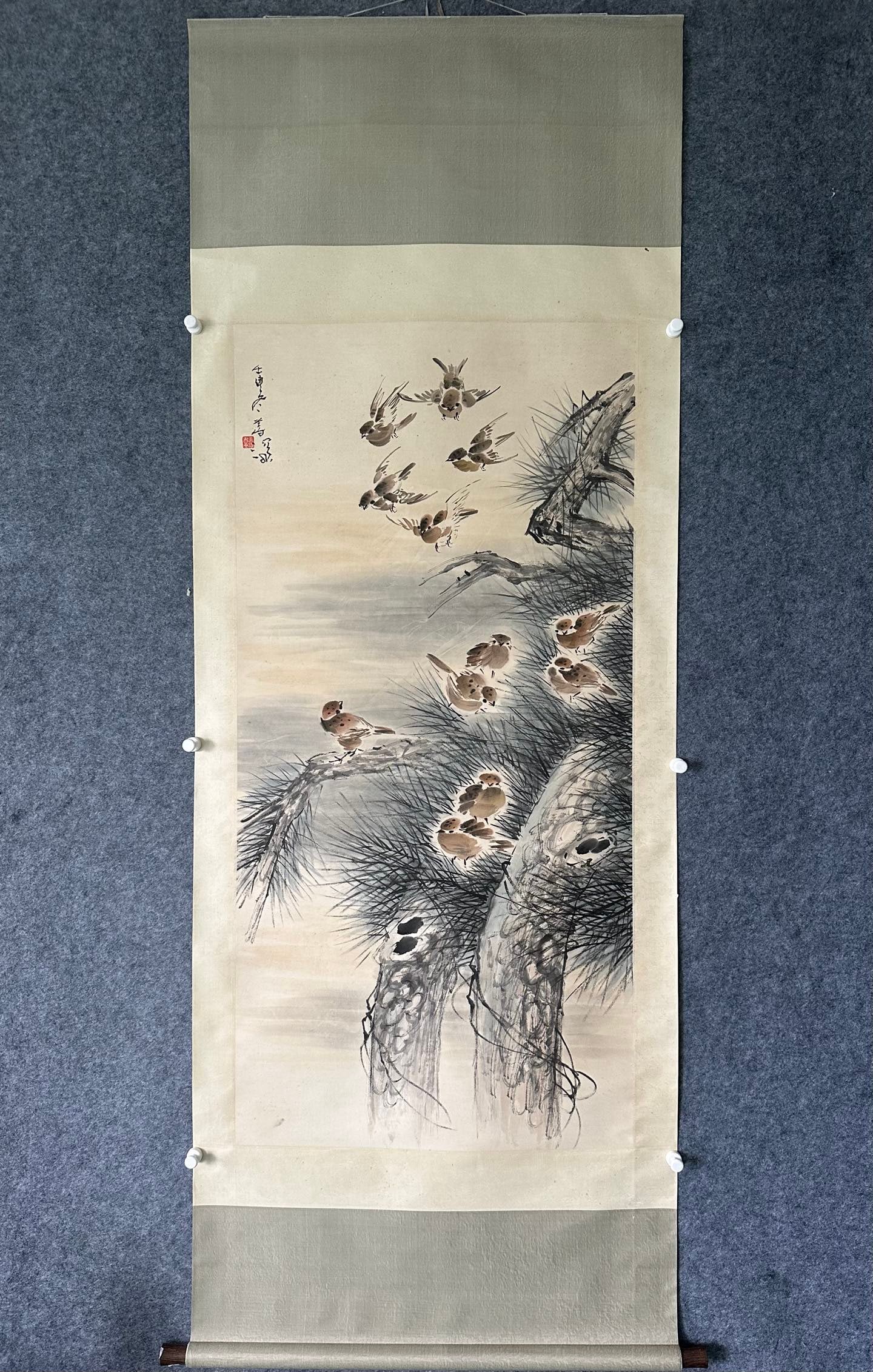 A Chinese Vertical Scroll Ink Painting of Pine and Bird on Paper,Yang Shanshen: A Chinese Vertical Scroll Ink Painting of Pine and Bird on Paper,Yang Shanshen,Size:(Without frame)26.6inx54.3in
