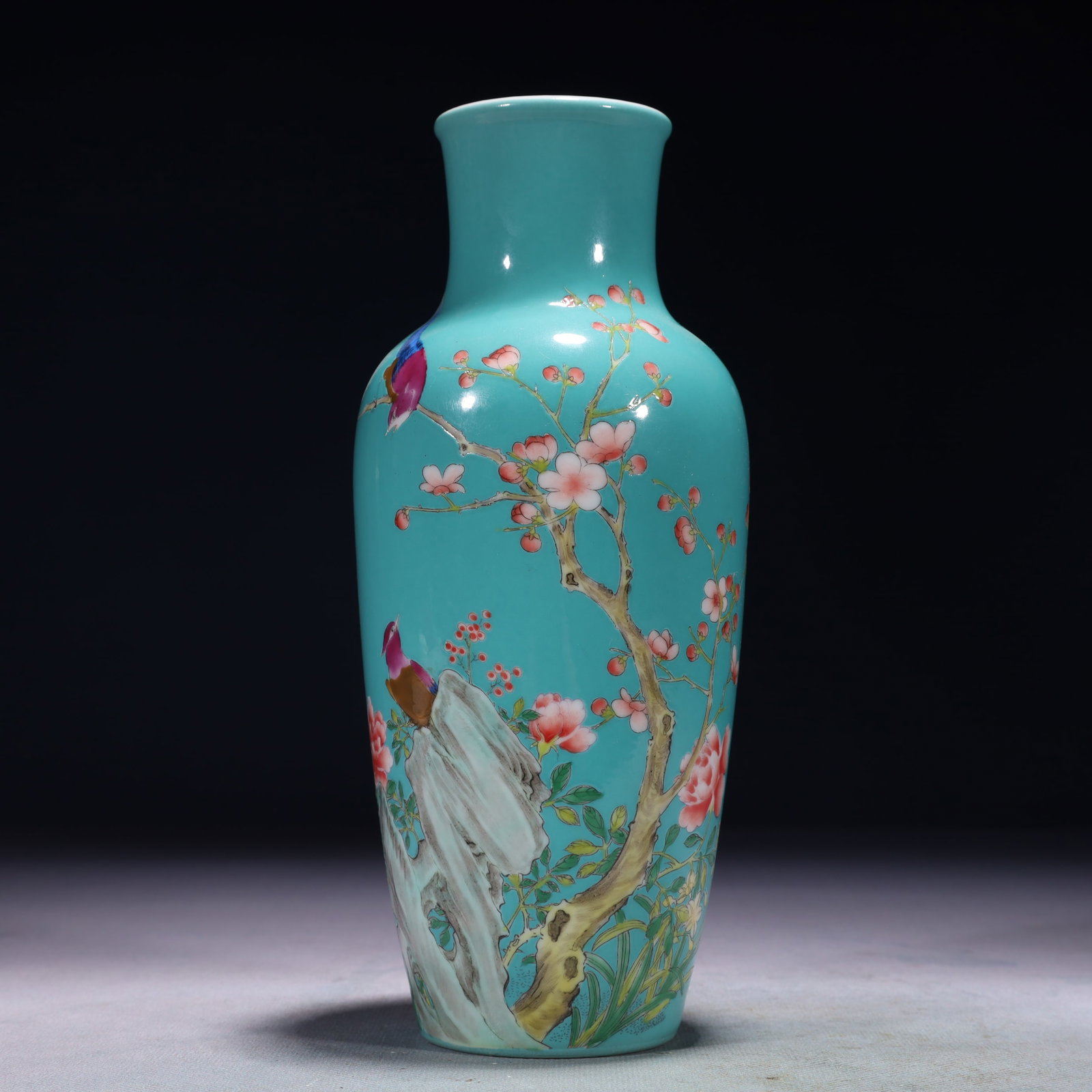 An Exquisite Turquoise Glazed Famille-Rose Flower and Bird Pattern Vase,with poem: An Exquisite Turquoise Glazed Famille-Rose Flower and Bird Pattern Vase,with poem,Qing Dynasty,China,Yongzheng Four-character Mark,Size:3.5inx8.7in,Weight:900g