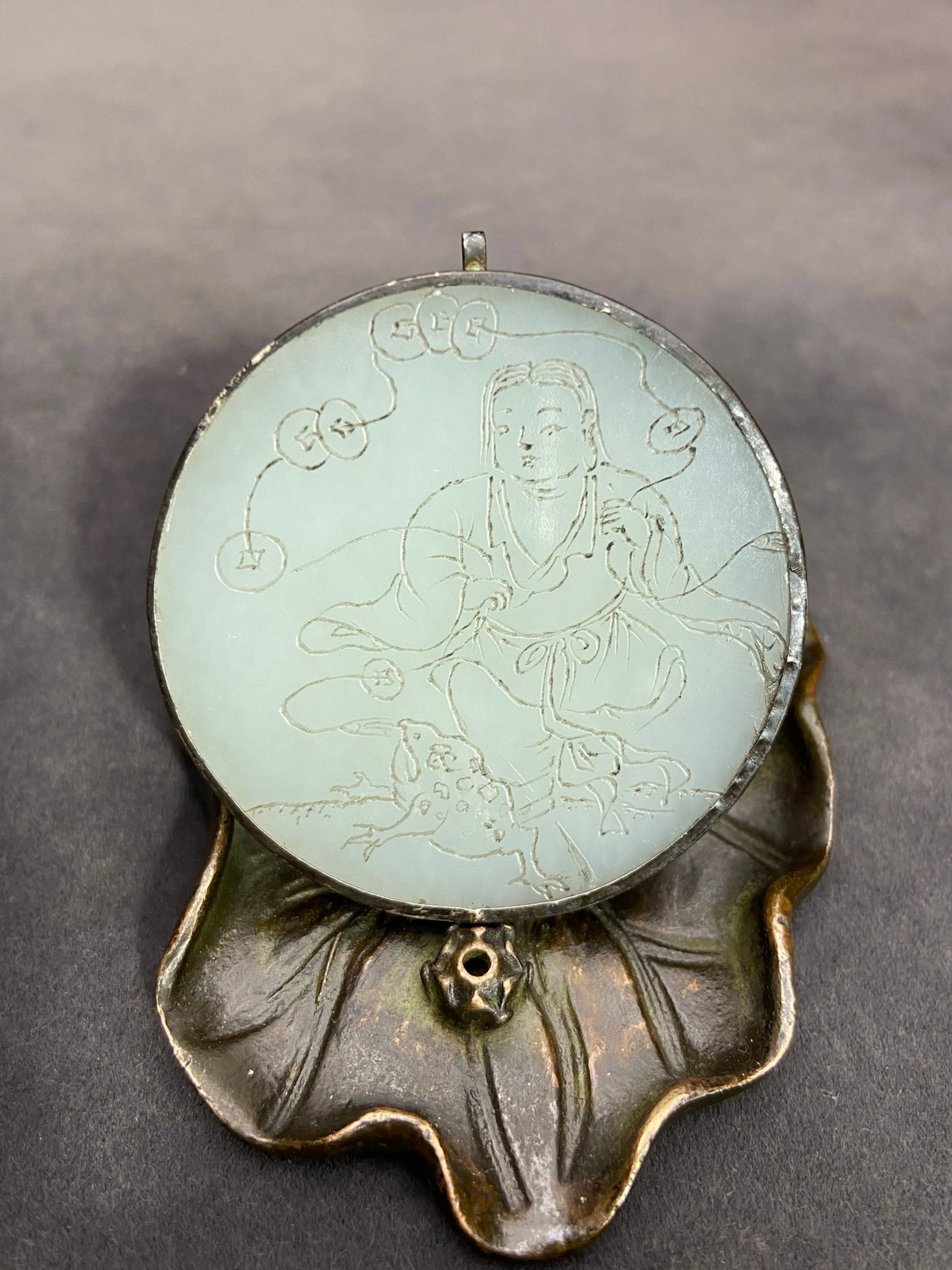 An Exquisite Silver Inlaid White Jade Golden Toad Figure Pattern Pendant,with poem: An Exquisite Silver Inlaid White Jade Golden Toad Figure Pattern Pendant,with poem,Qing Dynasty,China,Size:2inx0.2in,Weight:38g