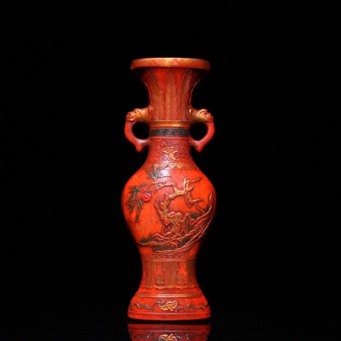 An Exquisite Cinnabar Landscape Pattern Elephant-Ears Vase,with poem: An Exquisite Cinnabar Landscape Pattern Elephant-Ears Vase,with poem,Qing Dynasty,China,Size:8.3inx3.1inx1.2in,Weight:608g 朱砂山水纹象耳瓶,带#