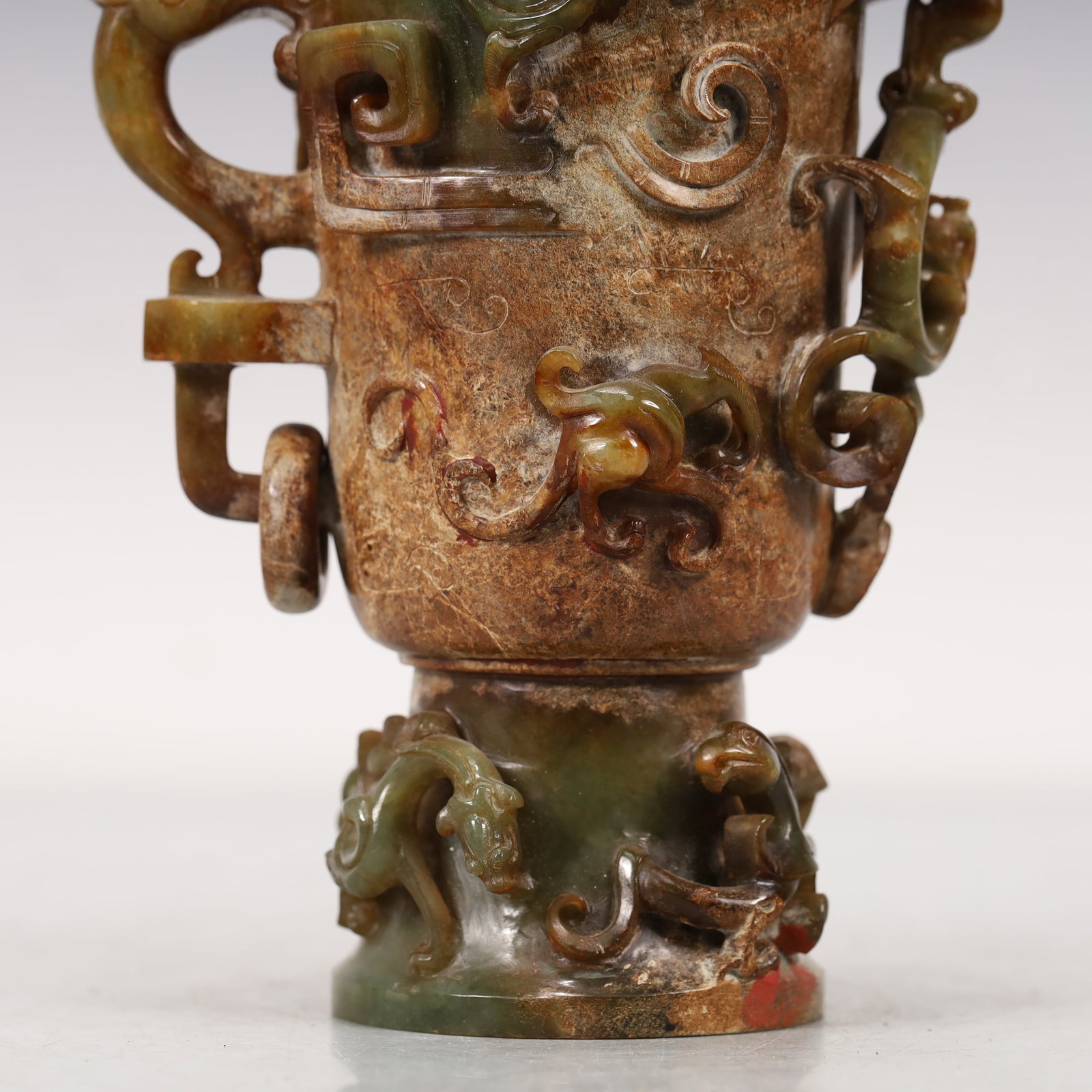 A Rare Greenish Jade Chi-Dragon Pattern Goblet - 4
