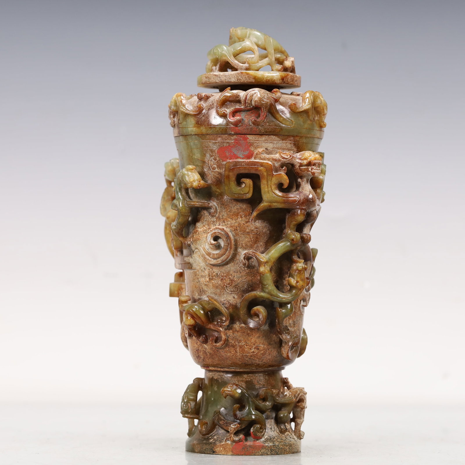 A Rare Greenish Jade Chi-Dragon Pattern Goblet - 5