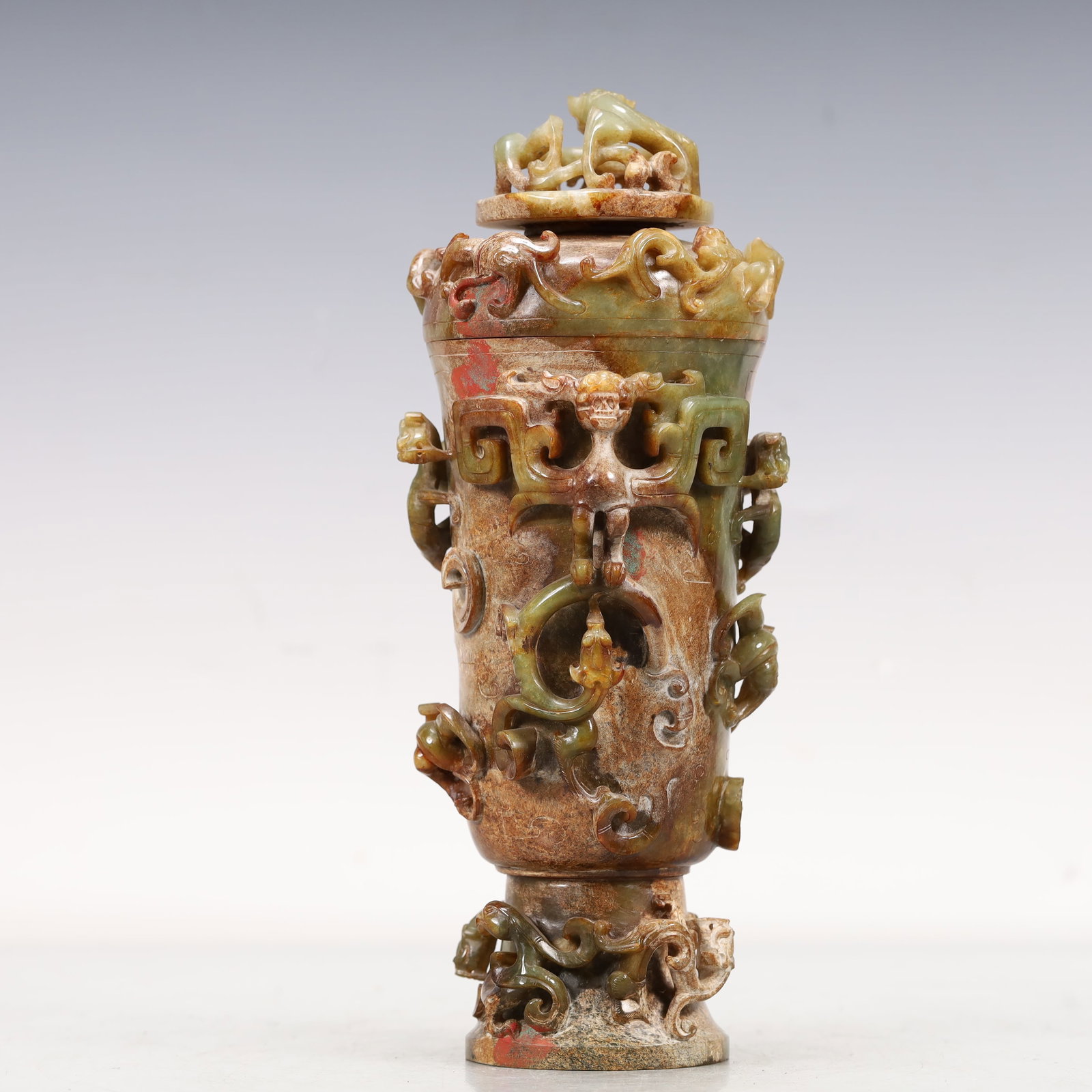 A Rare Greenish Jade Chi-Dragon Pattern Goblet - 6