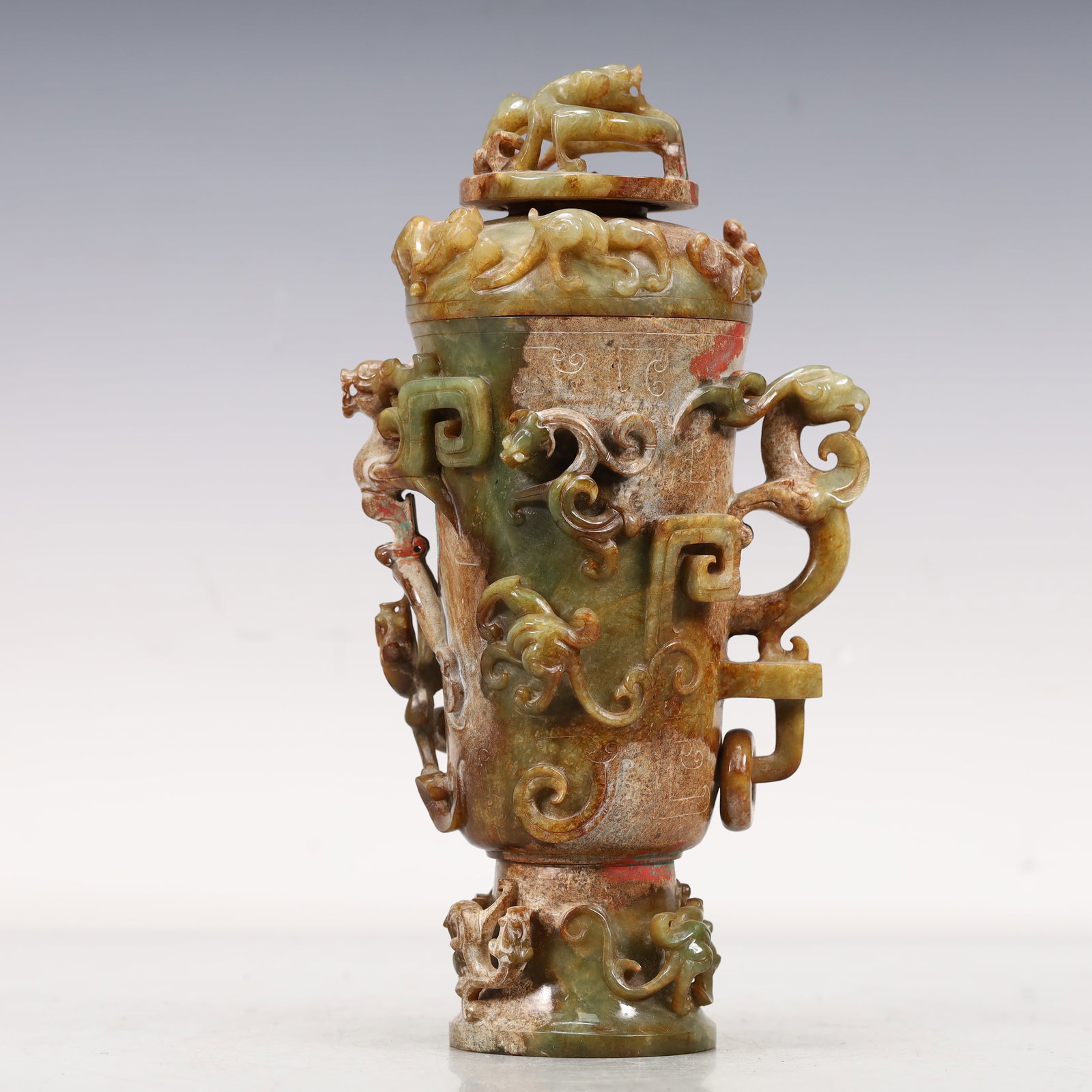 A Rare Greenish Jade Chi-Dragon Pattern Goblet - 8