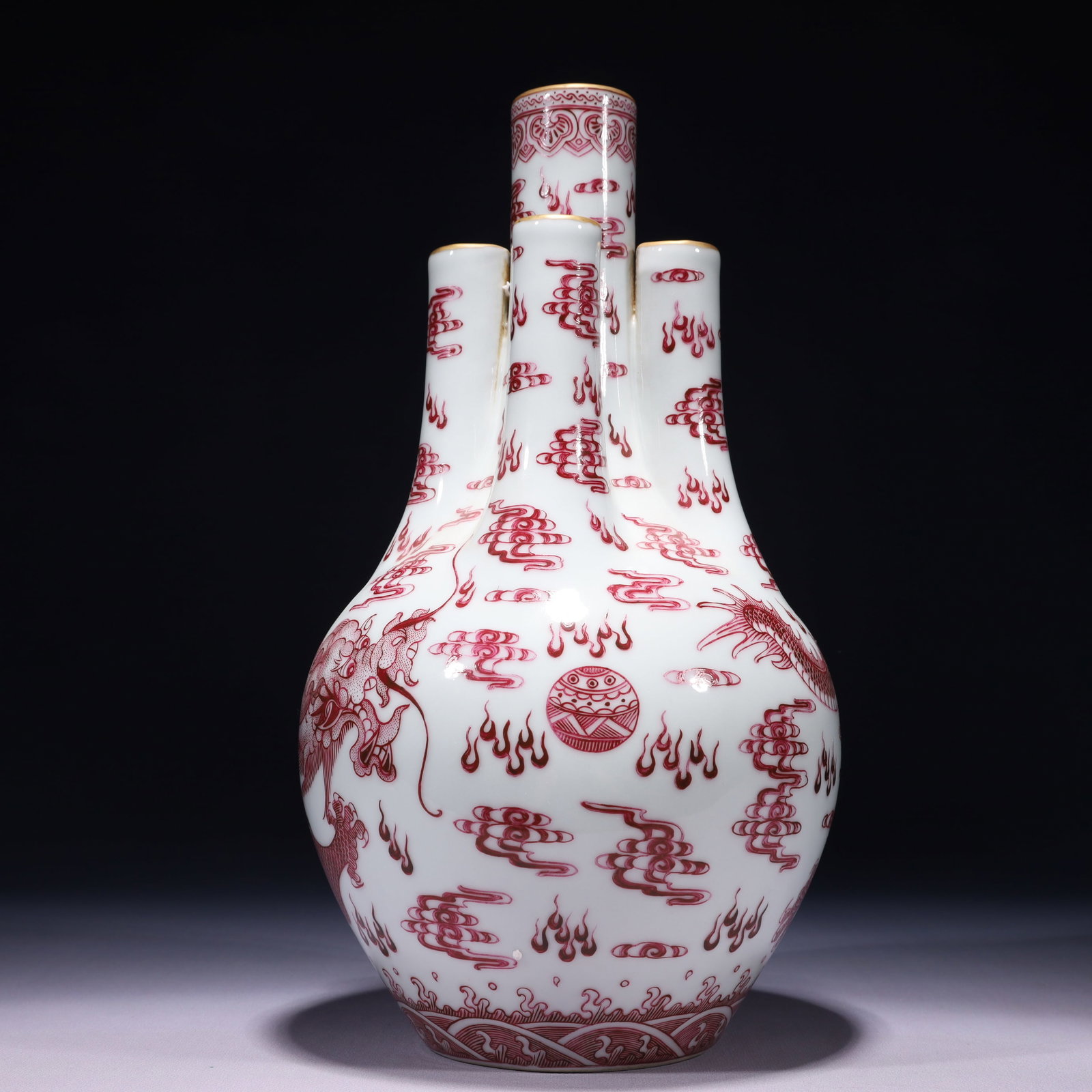 An Exquisite Ruby Red-Glazed Painted Gold Auspicious Cloud and Dragon Pattern Vase - 4