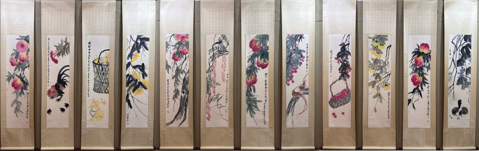 A Set of Chinese Vertical Scroll Ink Painting of Flower and Bird on Paper: A Set of Chinese Vertical Scroll Ink Painting of Flower and Bird on Paper,Qi Baishi,Size:13.4inx53.5in 一套中国水墨花鸟画立轴,齐