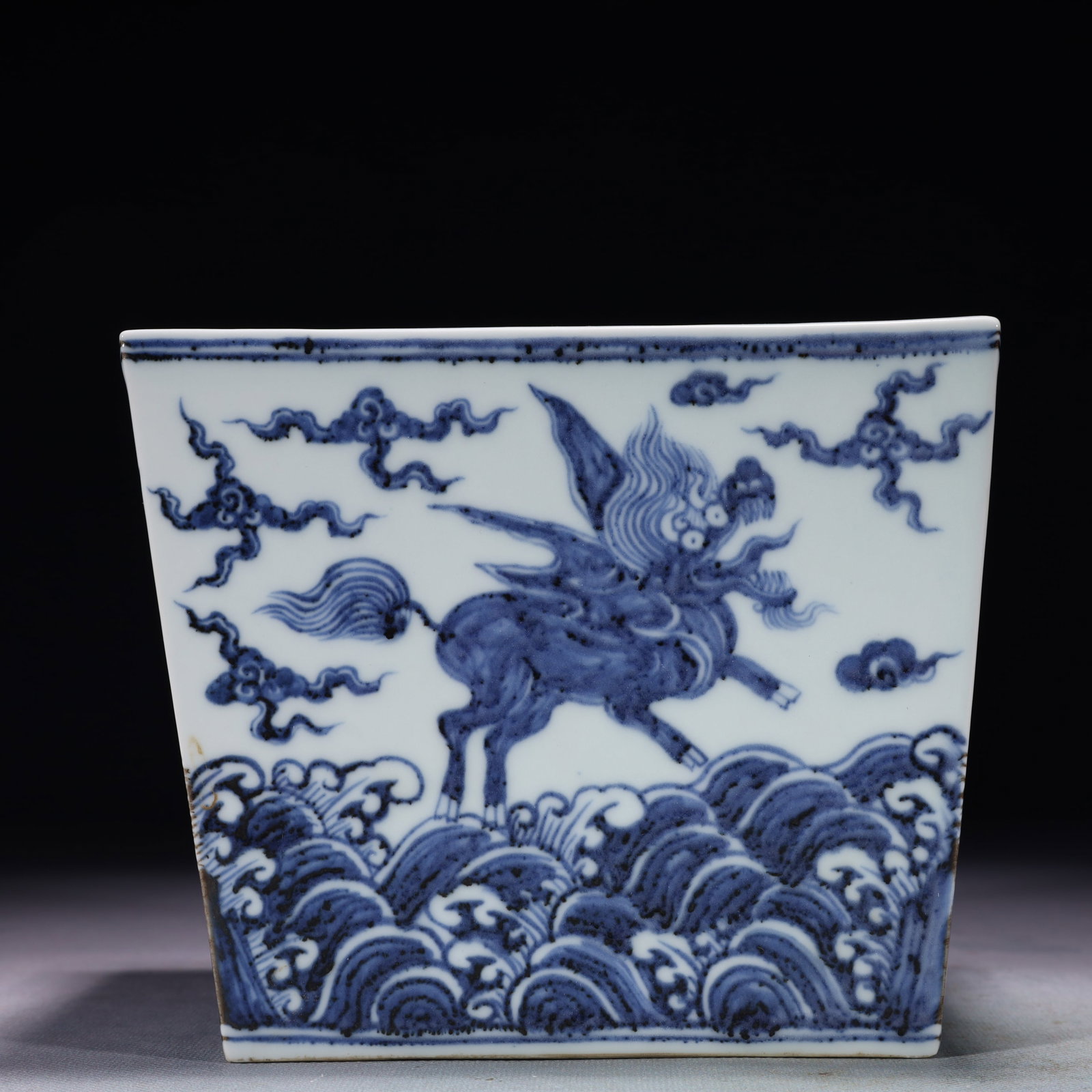 An Exquisite Blue and White Seawater and Beast Pattern Brush Pot: An Exquisite Blue and White Seawater and Beast Pattern Brush Pot,Ming Dynasty,China,Xuande Six-character Mark,Size:6.7inx5.1inx5.7in,Weight:1650g