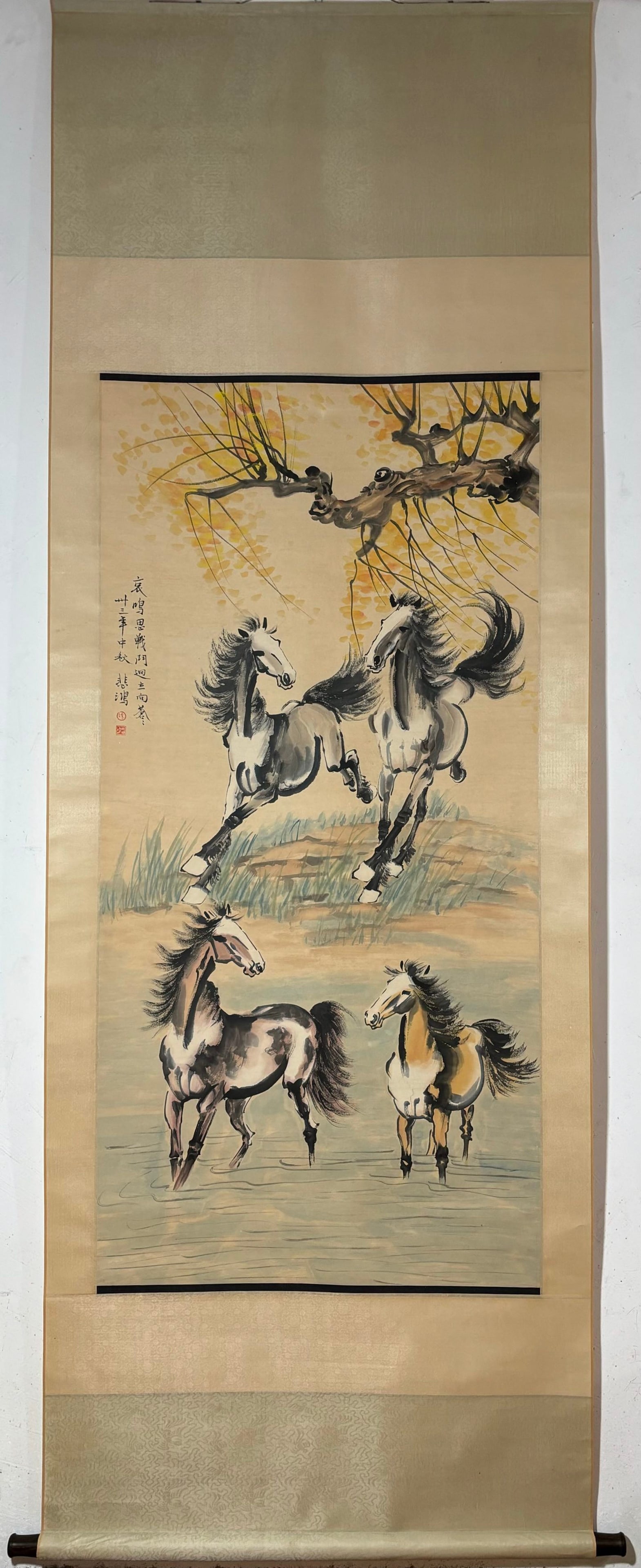 A Chinese Vertical Scroll Ink Painting of Horse on Paper: A Chinese Vertical Scroll Ink Painting of Horse on Paper,Xu Beihong,Size:53.5inx26.2in 一幅中国水墨骏马画立轴,徐悲鸿