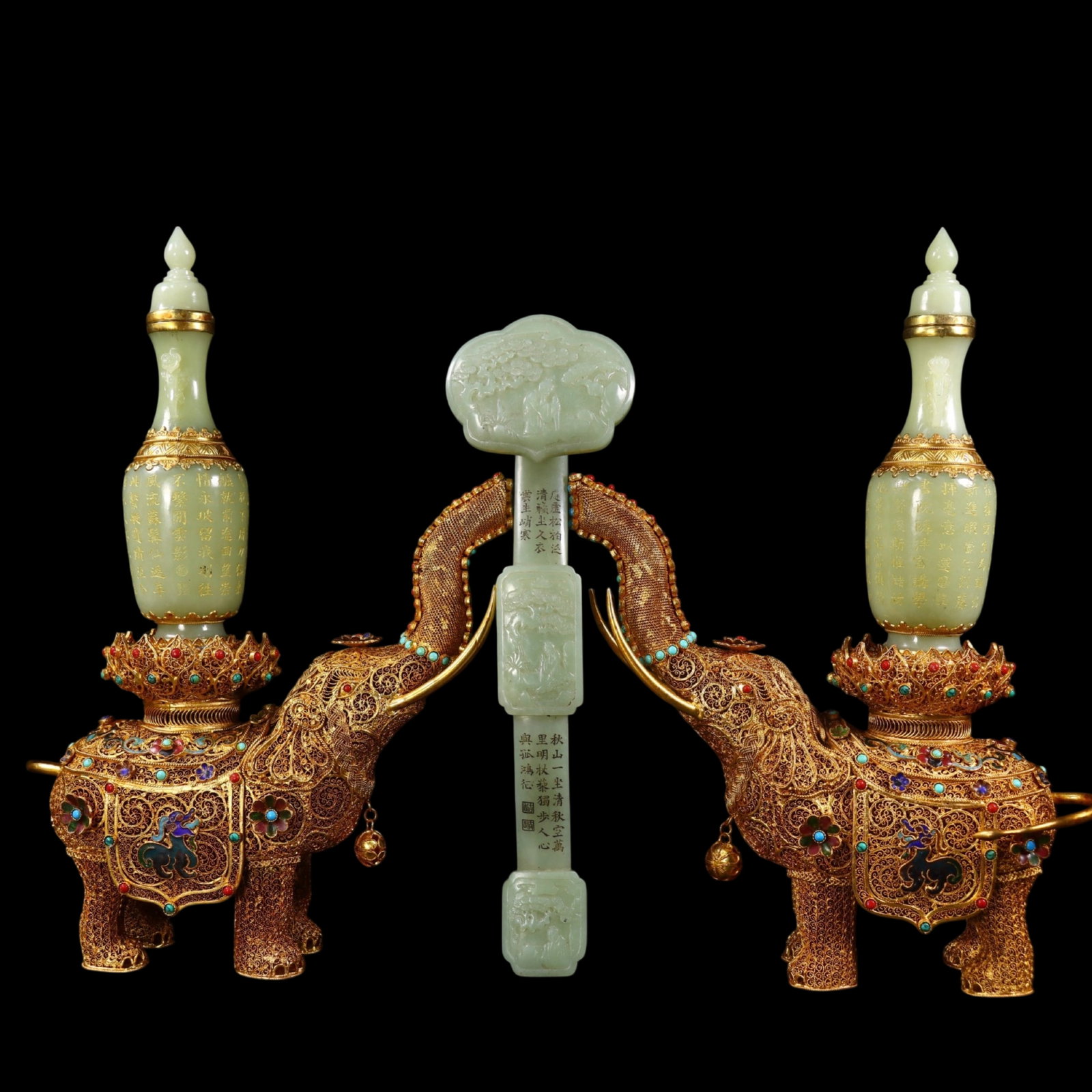 A Pair of Exquisite Filigree and Gilding Inlaid White Jade Elephant Ornaments,with White Jade: A Pair of Exquisite Filigree and Gilding Inlaid White Jade Elephant Ornaments,with White Jade Ruyi,with poem,Qing Dynasty,China,Qianlong Four-character