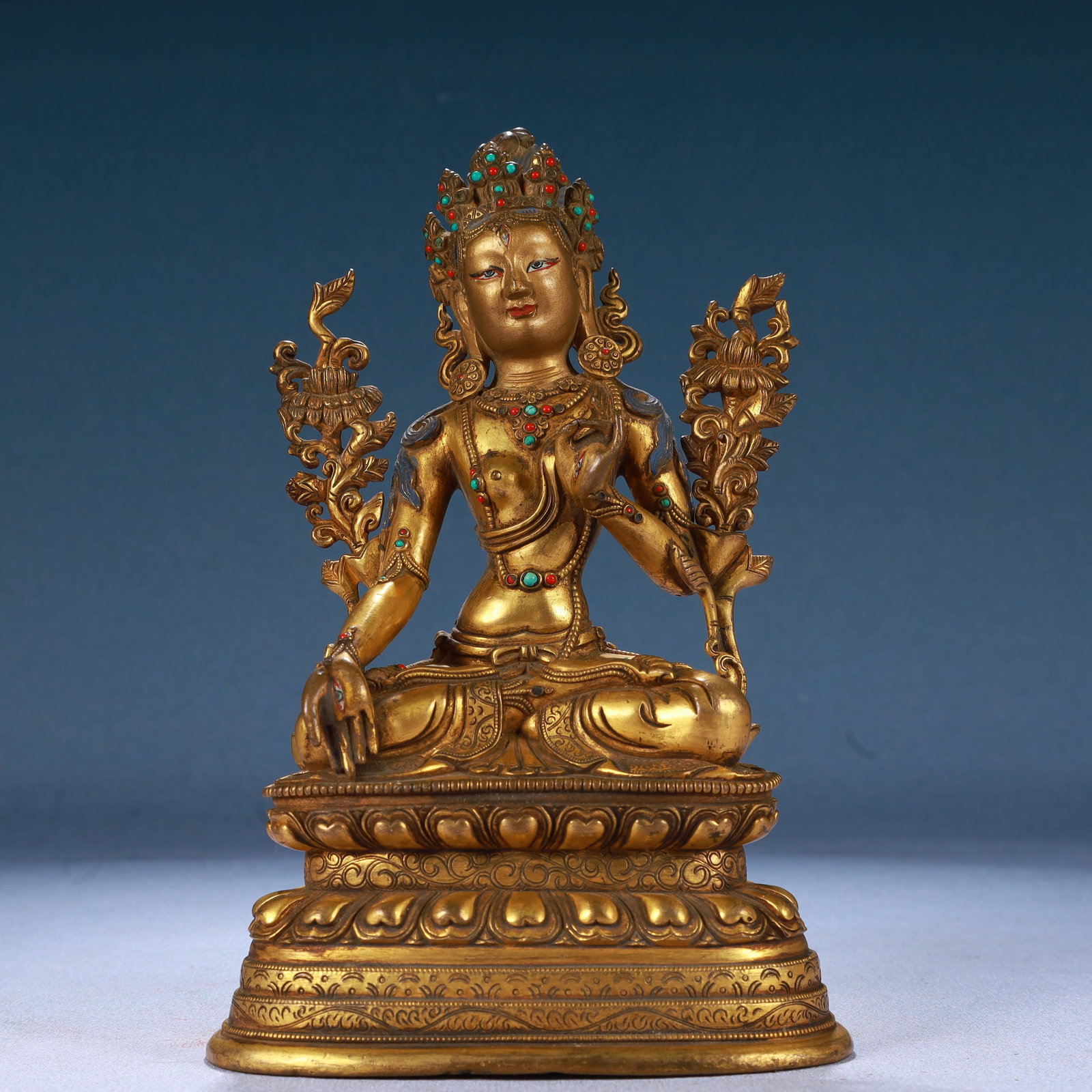 A Solemn Gilt Bronze Statue of Tara,Inlaid Gems and Turquoise: A Solemn Gilt Bronze Statue of Tara,Inlaid Gems and Turquoise,Qing Dynasty, China,Size:4.9inx3.3inx7.5in,Weight:1600g 铜鎏金度母像,嵌宝石和&