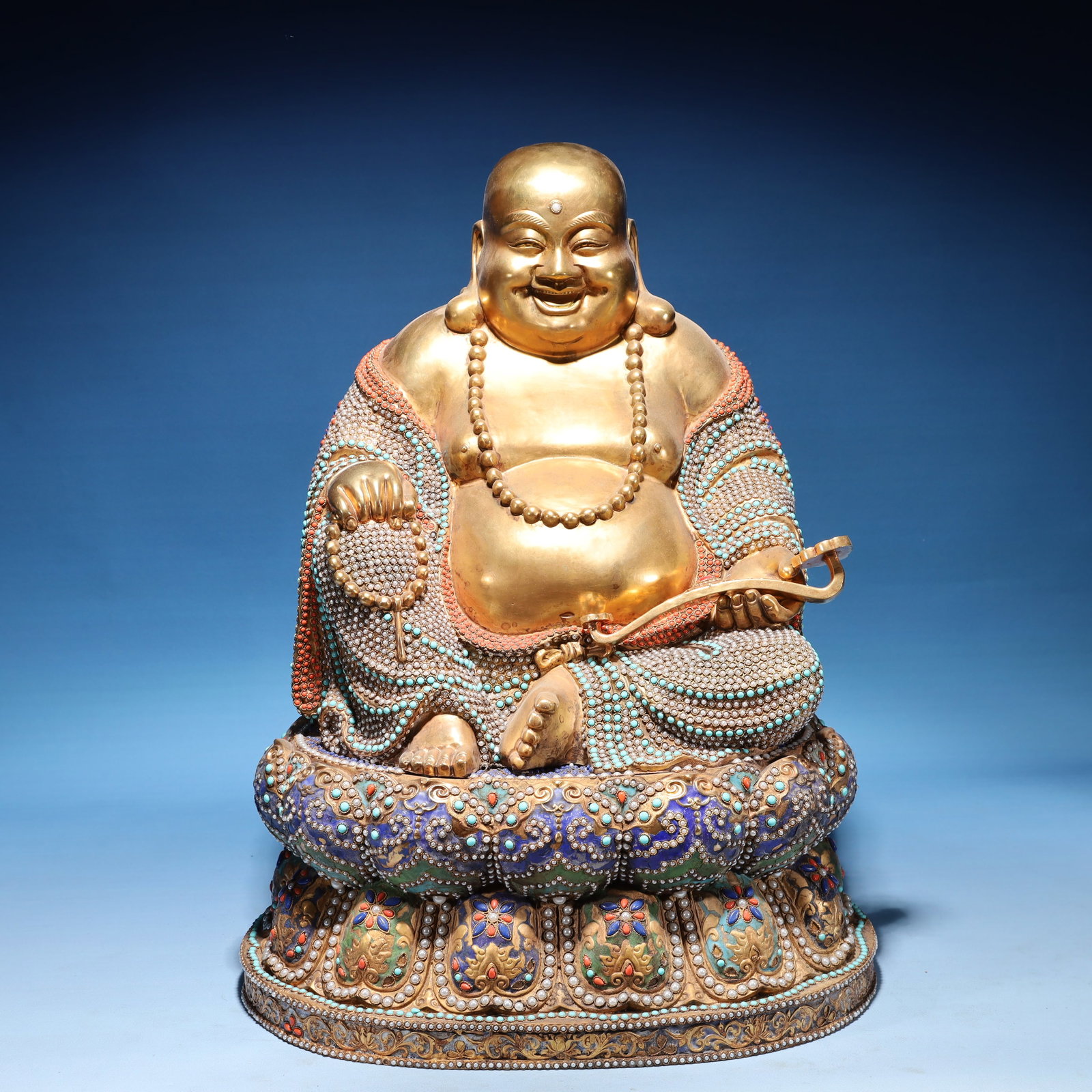 A Solemn Gilt Bronze Statue of Maitreya Buddha,Inlaid Gems,With Inscription: A Solemn Gilt Bronze Statue of Maitreya Buddha,Inlaid Gems,With Inscription,Qing Dynasty,China,Size:15inx12.6inx19.7in,Weight:11350g 铜鎏金弥勒佛像,嵌&#