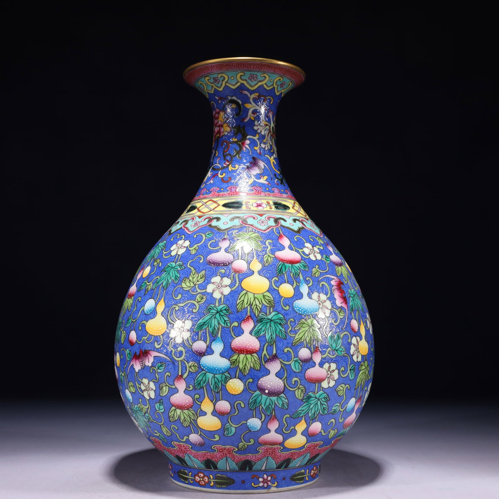 An Exquisite Blue Ground Famille-Rose Painted Gold Gourd Pattern Vase: An Exquisite Blue Ground Famille-Rose Painted Gold Gourd Pattern Vase