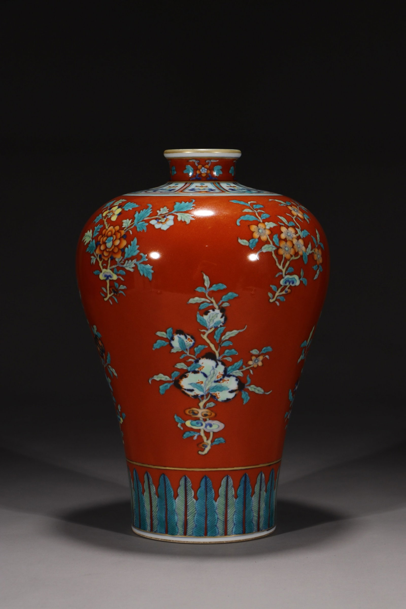 A Rare Red Ground Doucai Painted Gold Flower and Fruit Pattern Vase (1 of 9)