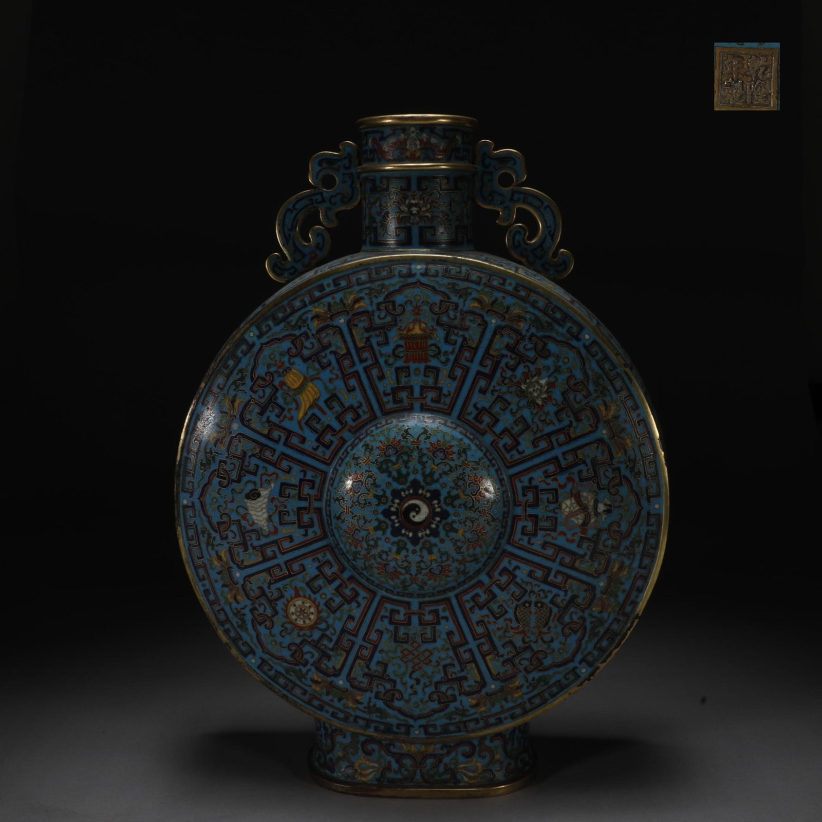 An Exquisite Cloisonne Eight Treasures Pattern Double-Ears Vase: An Exquisite Cloisonne Eight Treasures Pattern Double-Ears Vase,Qing Dynasty,China,Qianlong Four-character Mark,Size:19inx14in,Weight:6900g 景泰蓝八宝纹双 