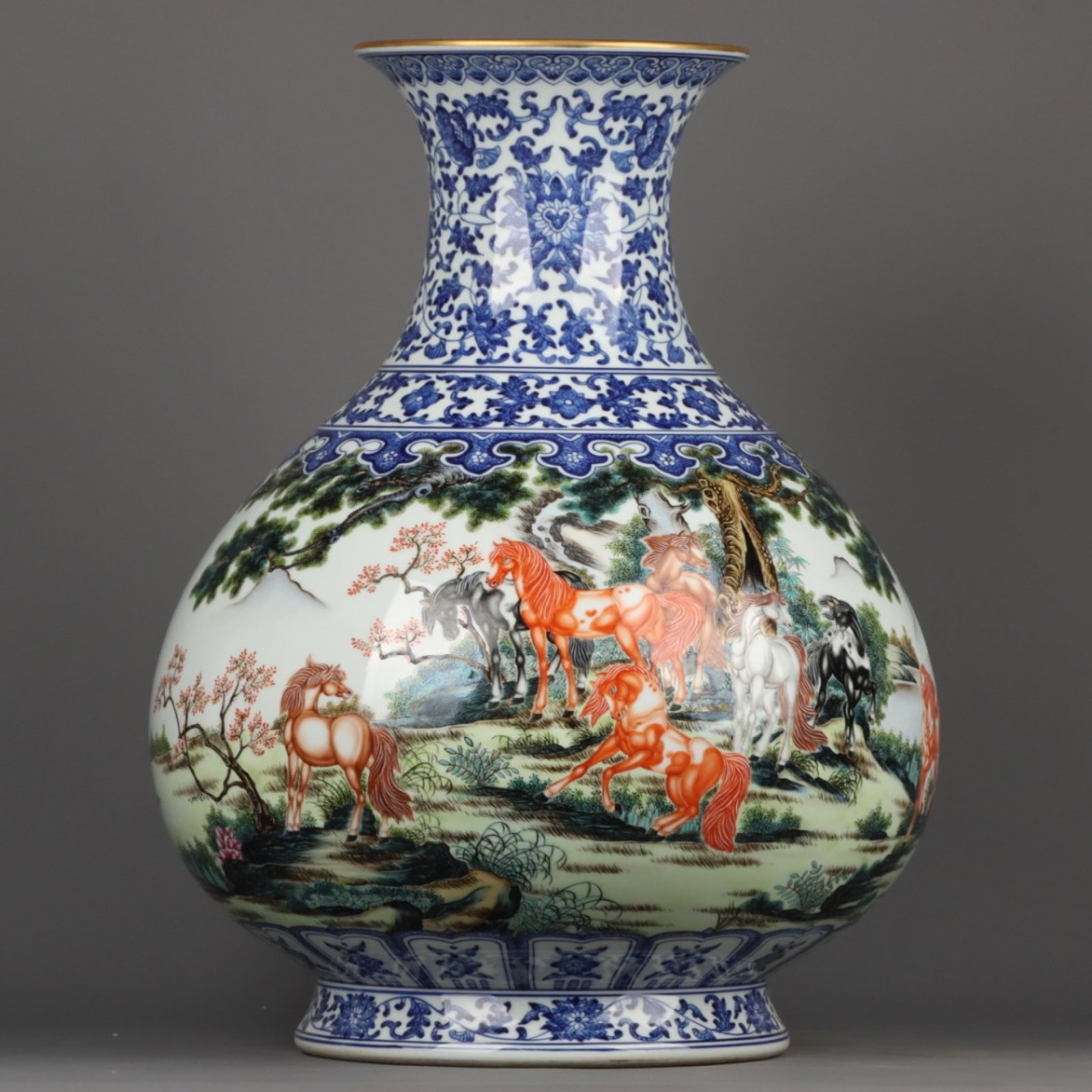 A Huge Blue and White Enamel Horse Pattern Vase,with poem (1 of 9)
