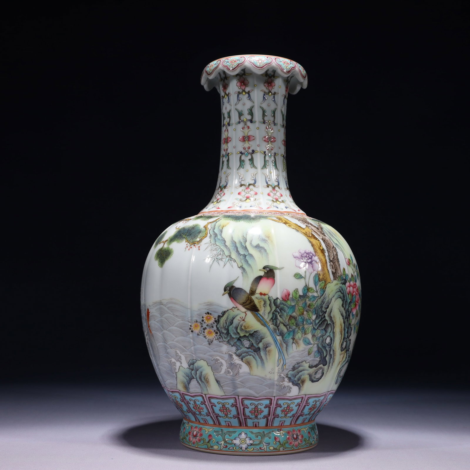 An Exquisite Famille-Rose Flower and Bird Pattern Vase,with poem: An Exquisite Famille-Rose Flower and Bird Pattern Vase,with poem,Qing Dynasty,China,Yongzheng Six-character Mark,Size:6.3inx13in,Weight:2250g 粉彩花鸟纹瓶,带&