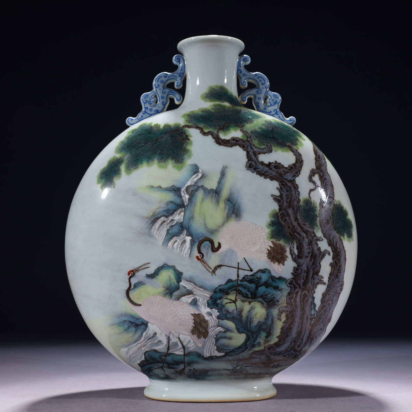 An Exquisite Enamel Pine and Crane Pattern Double-Ears Vase,with poem: An Exquisite Enamel Pine and Crane Pattern Double-Ears Vase,with poem,Qing Dynasty,China,Qianlong Six-character Mark,Size:9.4inx3.9inx12.4in,Weight:2650g