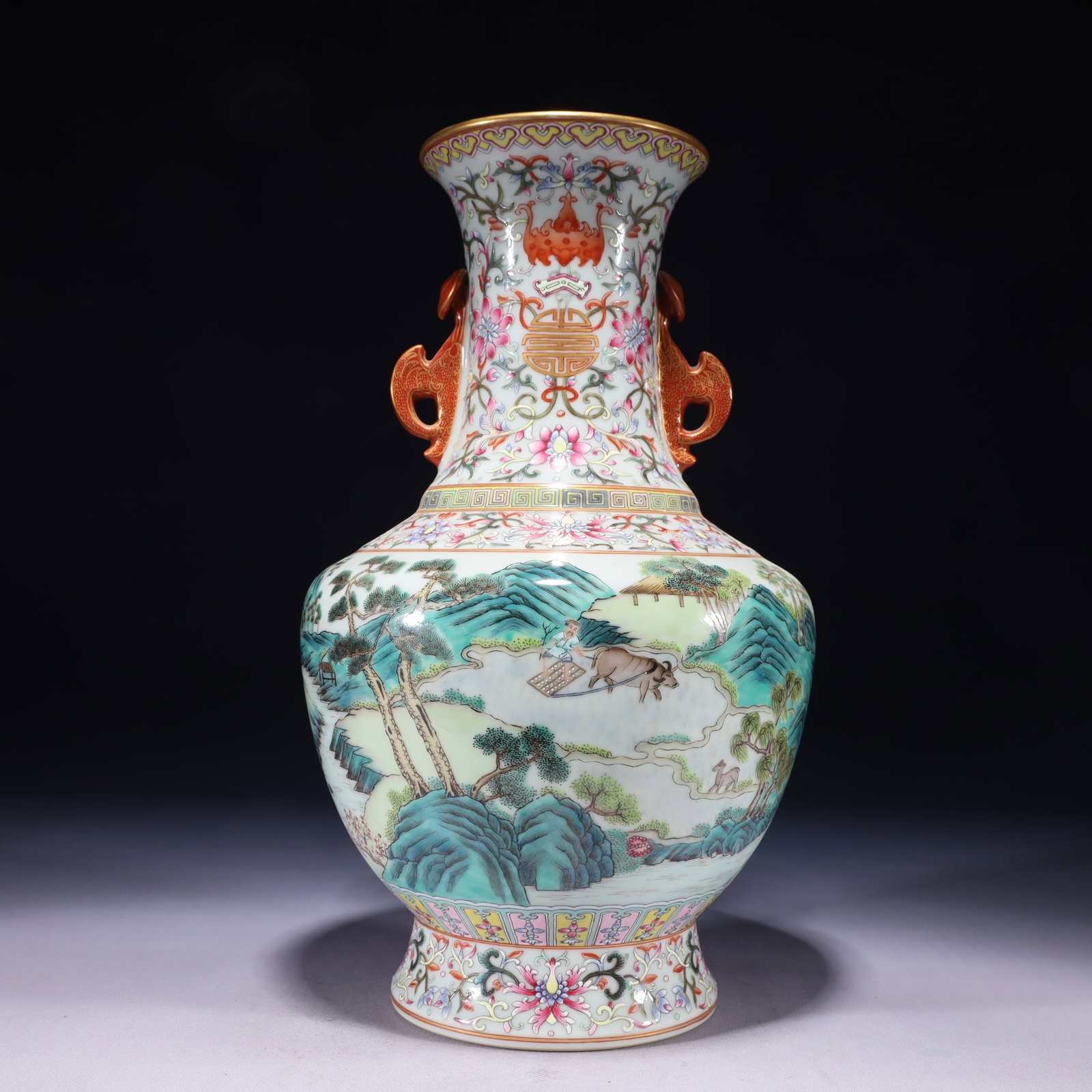 An Exquisite Famille-Rose Painted Gold Landscape and Figure Pattern Double-Ears Vase (1 of 11)
