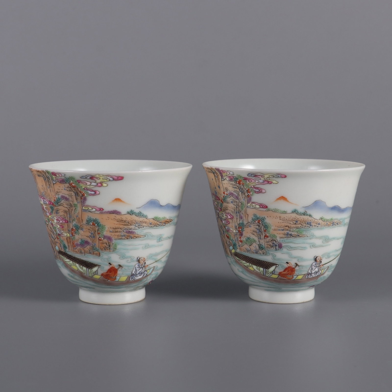A Pair of Exquisite Famille-Rose Landscape and Figure Pattern Cups,with poem: A Pair of Exquisite Famille-Rose Landscape and Figure Pattern Cups,with poem,Qing Dynasty,China,Yongzheng Six-character Mark,Size:2.1inx2.6in