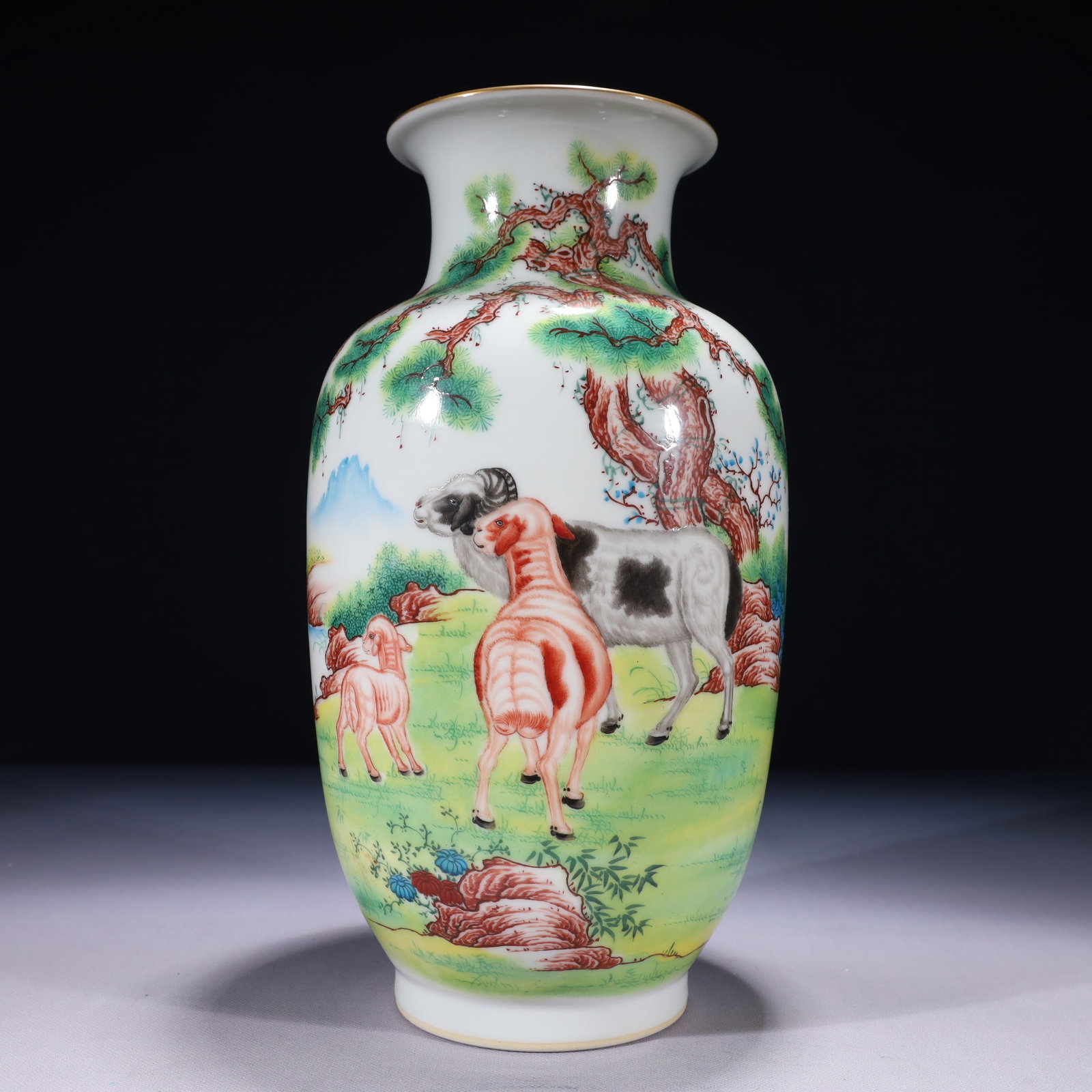 An Exquisite Enamel Painted Gold Sheep Pattern Vase: An Exquisite Enamel Painted Gold Sheep Pattern Vase,Qing Dynasty,China,Qianlong Six-character Mark,Size:6.7inx13.4in,Weight:2600g