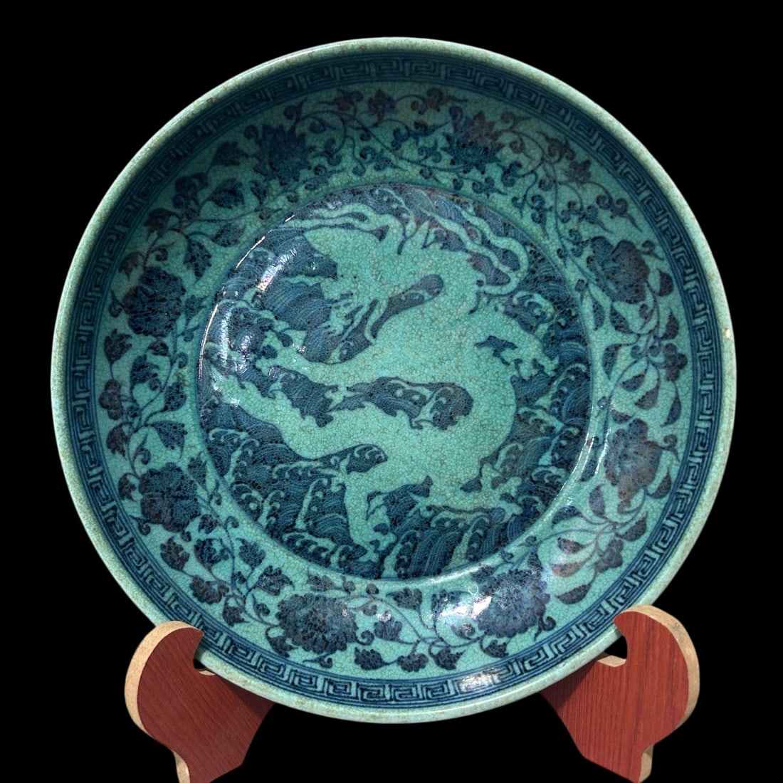 A Rare Green Ground Blue and White Lotus,Seawater and Dragon Pattern Plate: A Rare Green Ground Blue and White Lotus,Seawater and Dragon Pattern Plate,Qing Dynasty,China,Size:12inx2.4in
