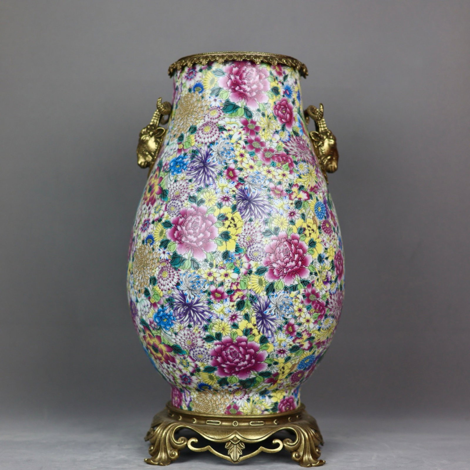 A Huge Famille-Rose Inlaid Bronze Flower Pattern Sheep-Ears Vase: A Huge Famille-Rose Inlaid Bronze Flower Pattern Sheep-Ears Vase,Qing Dynasty,China,Yongzheng Four-character Mark,Size:17.7inx9.1in 粉彩镶铜花卉纹羊 