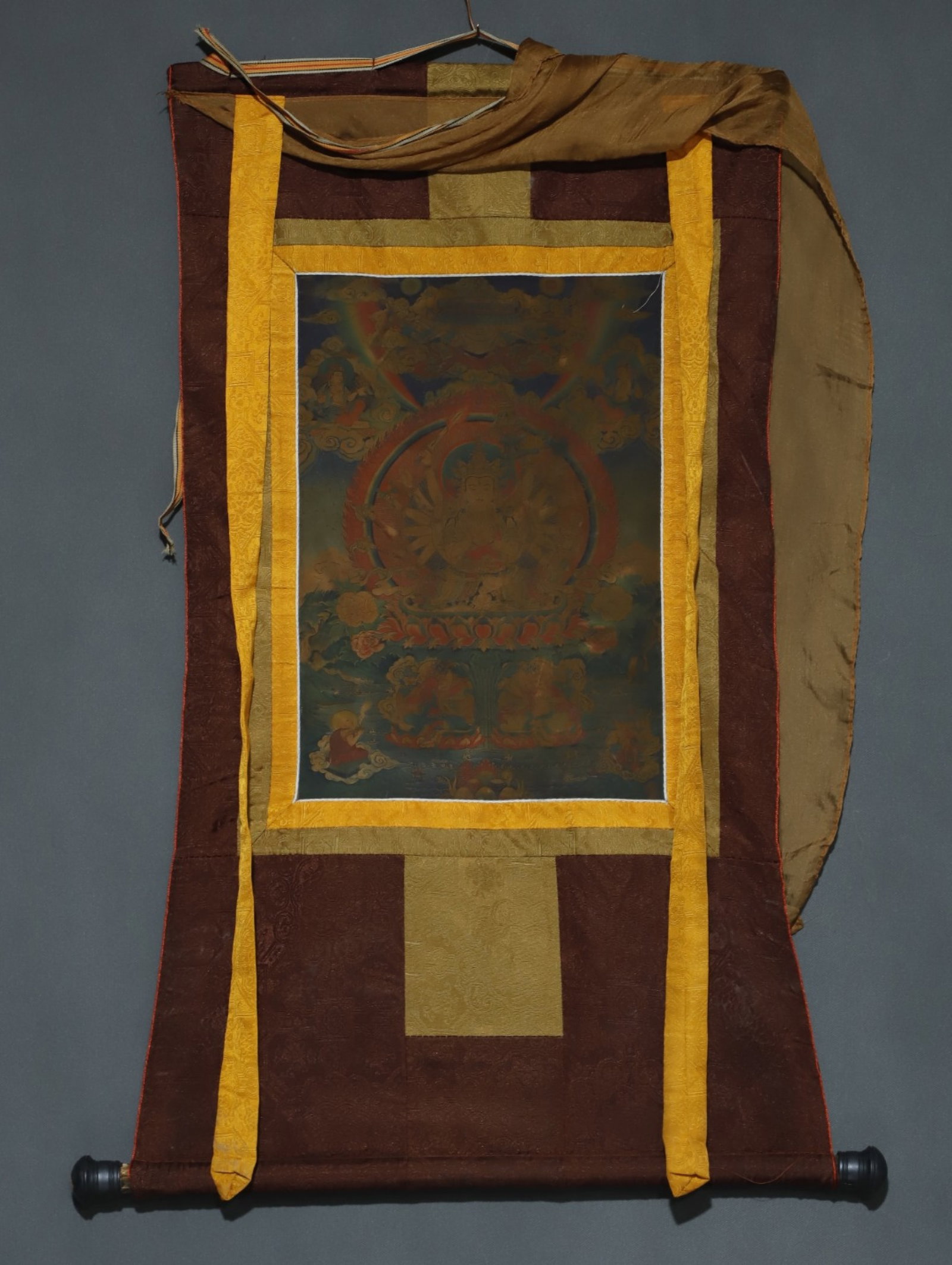 A Rare Brocade Painted Color Statue of Bodhisattva Tangka: A Rare Brocade Painted Color Statue of Bodhisattva Tangka,Qing Dynasty, China,Size:34.6inx18.1in,(Without frame)16.5inx11in 织锦彩绘菩萨像唐卡,