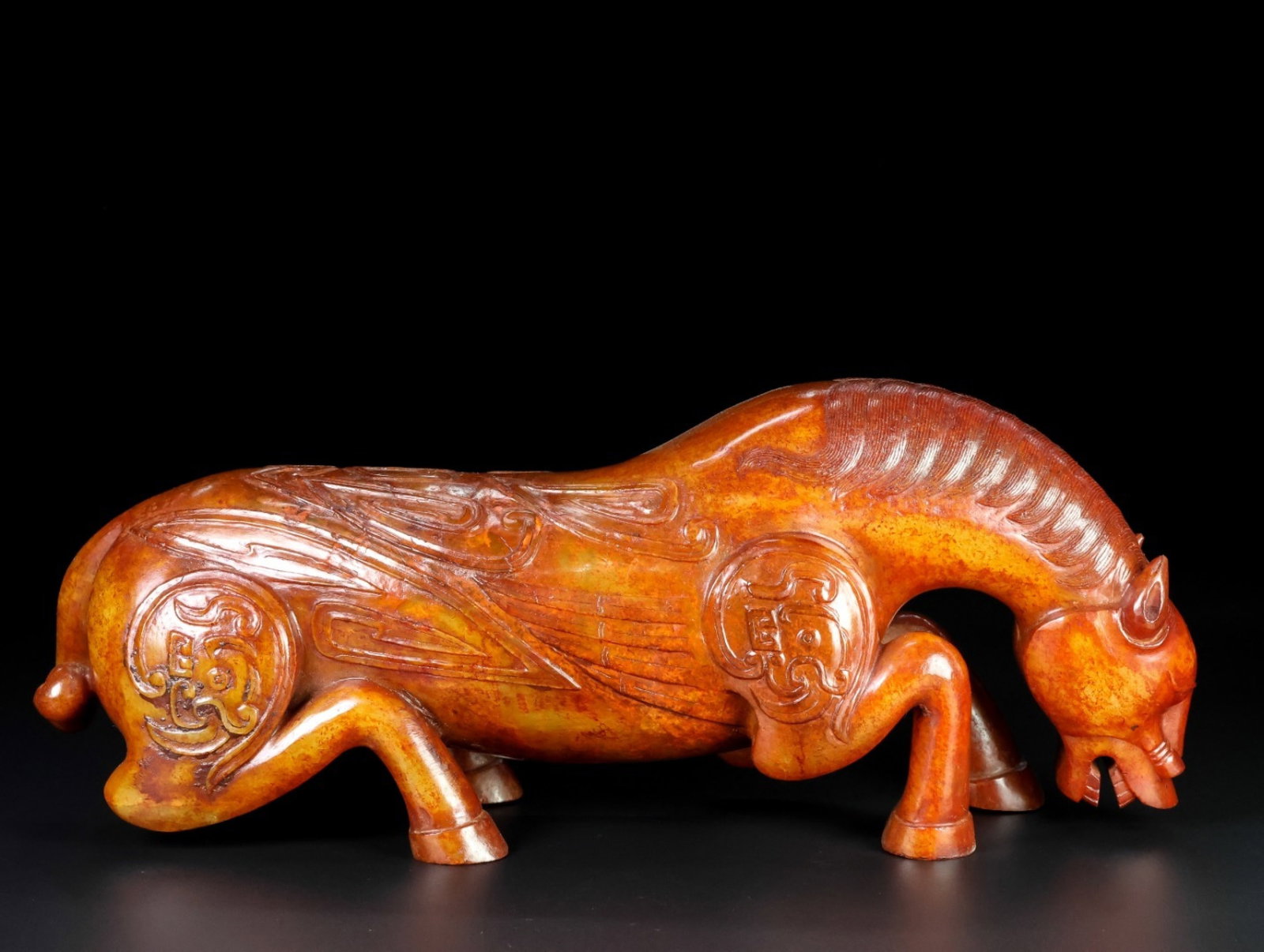 An Exquisite Archaic Jade Horse Ornament: An Exquisite Archaic Jade Horse Ornament,Ancient Time,China,Size:12inx4.7inx3.1in,Weight:3510g 高古玉骏马摆件,中国远古时期