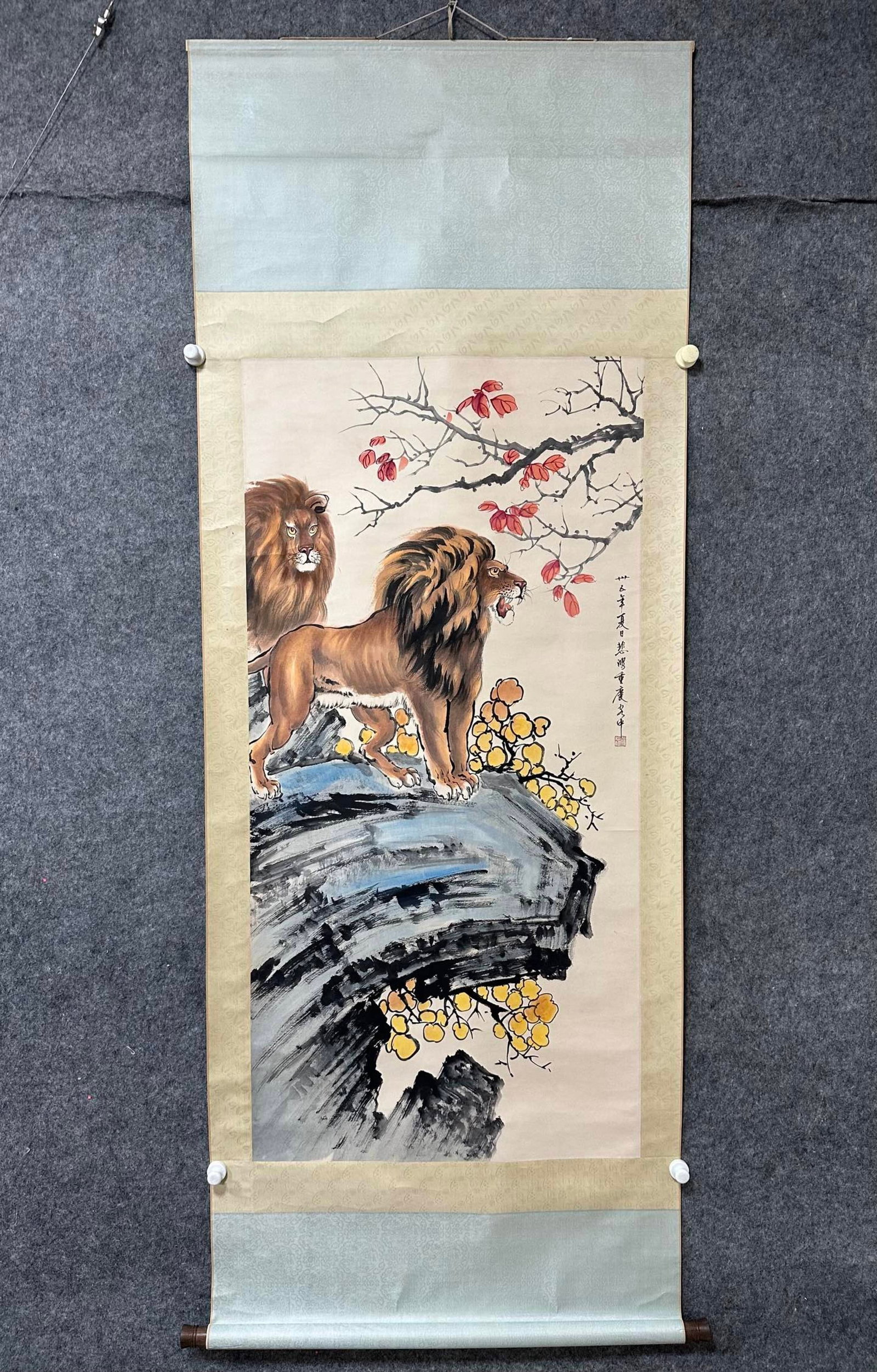 A Chinese Vertical Scroll Ink Painting of Lion on Paper: A Chinese Vertical Scroll Ink Painting of Lion on Paper,Xu Beihong,Size:26.6inx53.9in 一幅中国水墨狮子画立轴,徐悲鸿