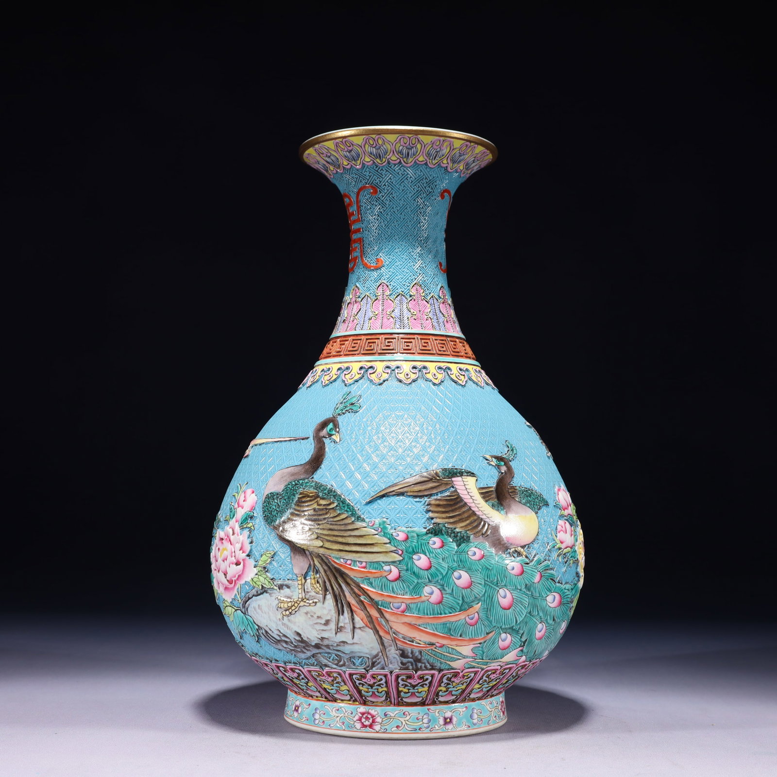 An Exquisite Turquoise Glazed Famille-Rose Painted Gold Flower and Peacock Pattern Vase: An Exquisite Turquoise Glazed Famille-Rose Painted Gold Flower and Peacock Pattern Vase