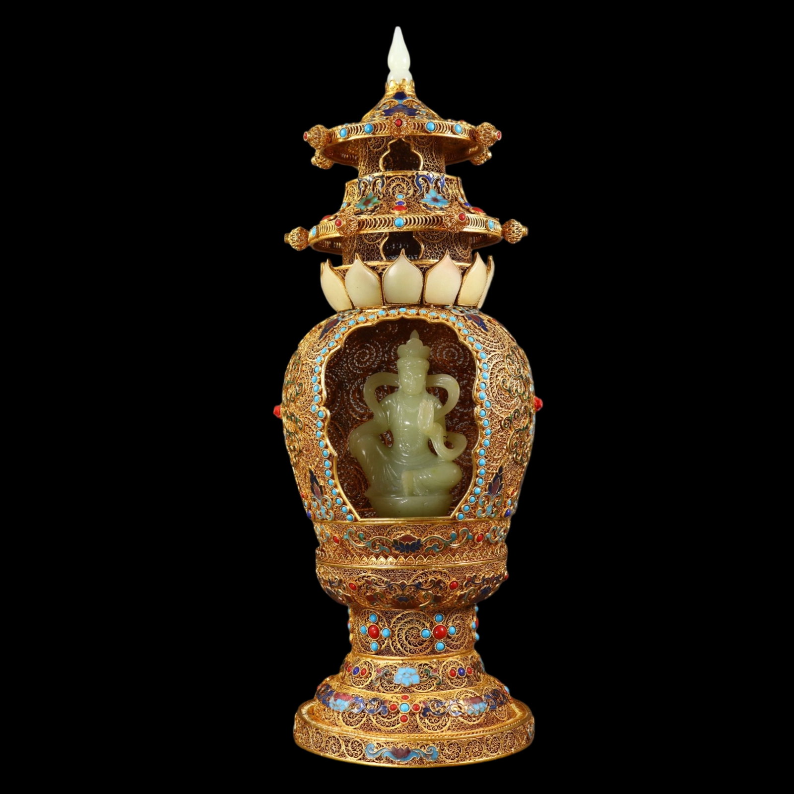 An Exquisite Filigree and Gilding Inlaid White Jade Pagoda,with Buddha Statue,Inlaid Gems: An Exquisite Filigree and Gilding Inlaid White Jade Pagoda,with Buddha Statue,Inlaid Gems,Qing Dynasty,China,Qianlong Four-character Mark,Size:17.1inx5.7in,Weight:2182g 花丝鎏金