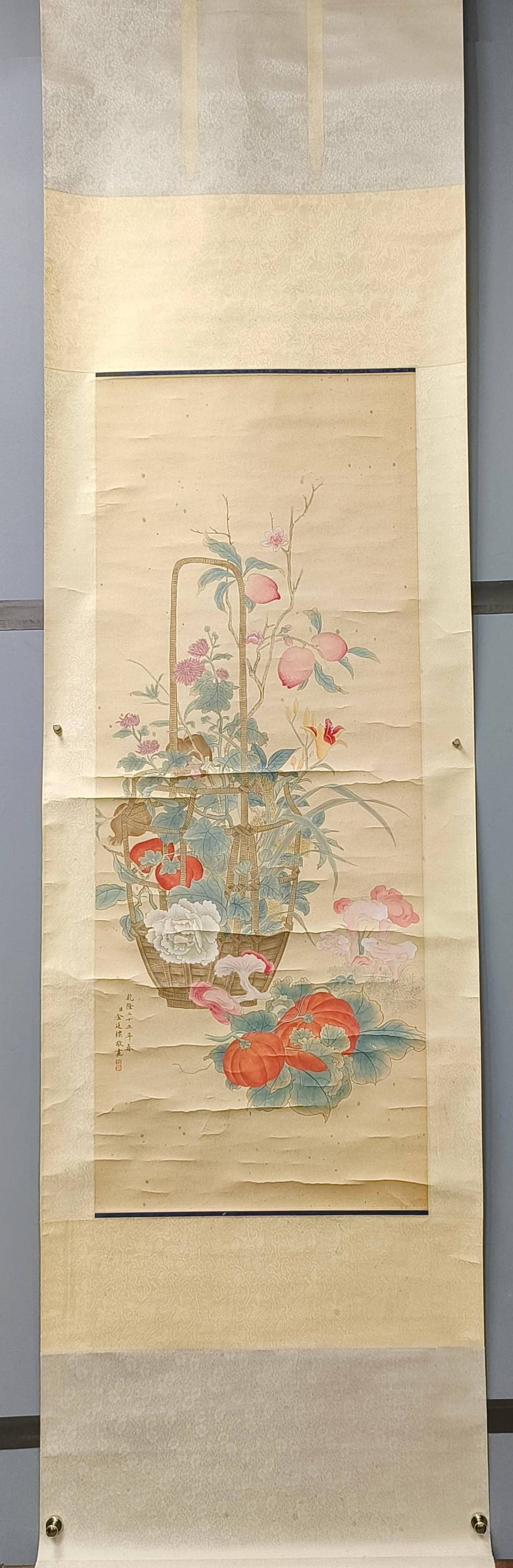 A Chinese Vertical Scroll Ink Painting of Flower and Fruit on Paper: A Chinese Vertical Scroll Ink Painting of Flower and Fruit on Paper,Jin Tingbiao,Size:40.9inx15.7in 一幅中国水墨花果画立轴,金