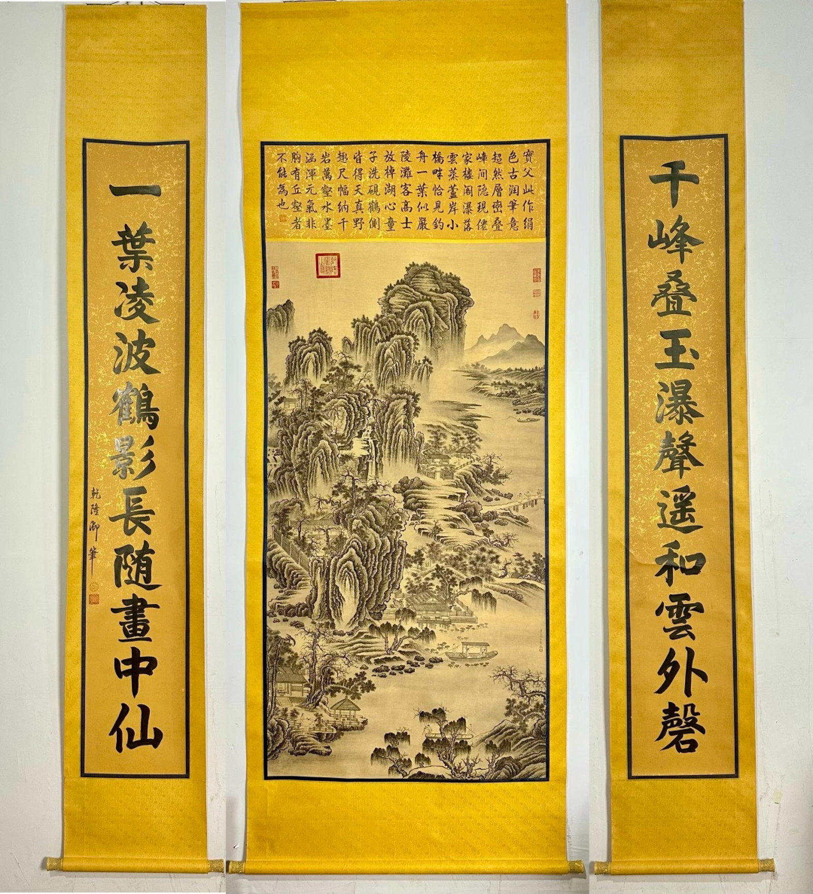 A Set of Chinese Vertical Scroll Ink Painting of Landscape on Silk: A Set of Chinese Vertical Scroll Ink Painting of Landscape on Silk,Chou Ying,Size:(entirety)110.2inx41.3in,(Without frame)68.9inx36.2in