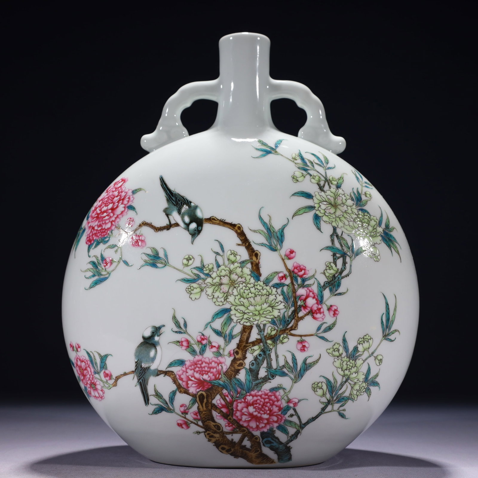 An Exquisite Famille-Rose Flower and Bird Pattern Double-Ears Vase: An Exquisite Famille-Rose Flower and Bird Pattern Double-Ears Vase,Qing Dynasty,China,Yongzheng Six-character Mark,Size:9.1inx5.1inx12.2in,Weight:3500g 粉彩花鸟纹双