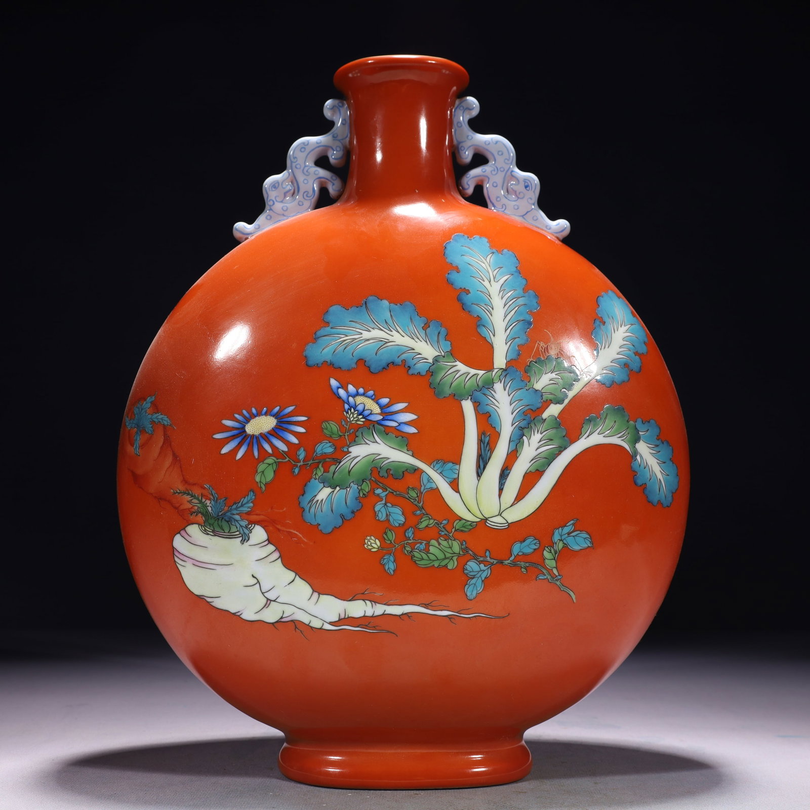 An Exquisite Coral Red Glazed Famille-Rose Painted Gold Cabbage Patten Double-Ears Vase,with poem: An Exquisite Coral Red Glazed Famille-Rose Painted Gold Cabbage Patten Double-Ears Vase,with poem,Qing Dynasty,China,Qianlong Six-character Mark,Size:9.8inx3.5inx12.6in,Weight:3200g 珊瑚&#