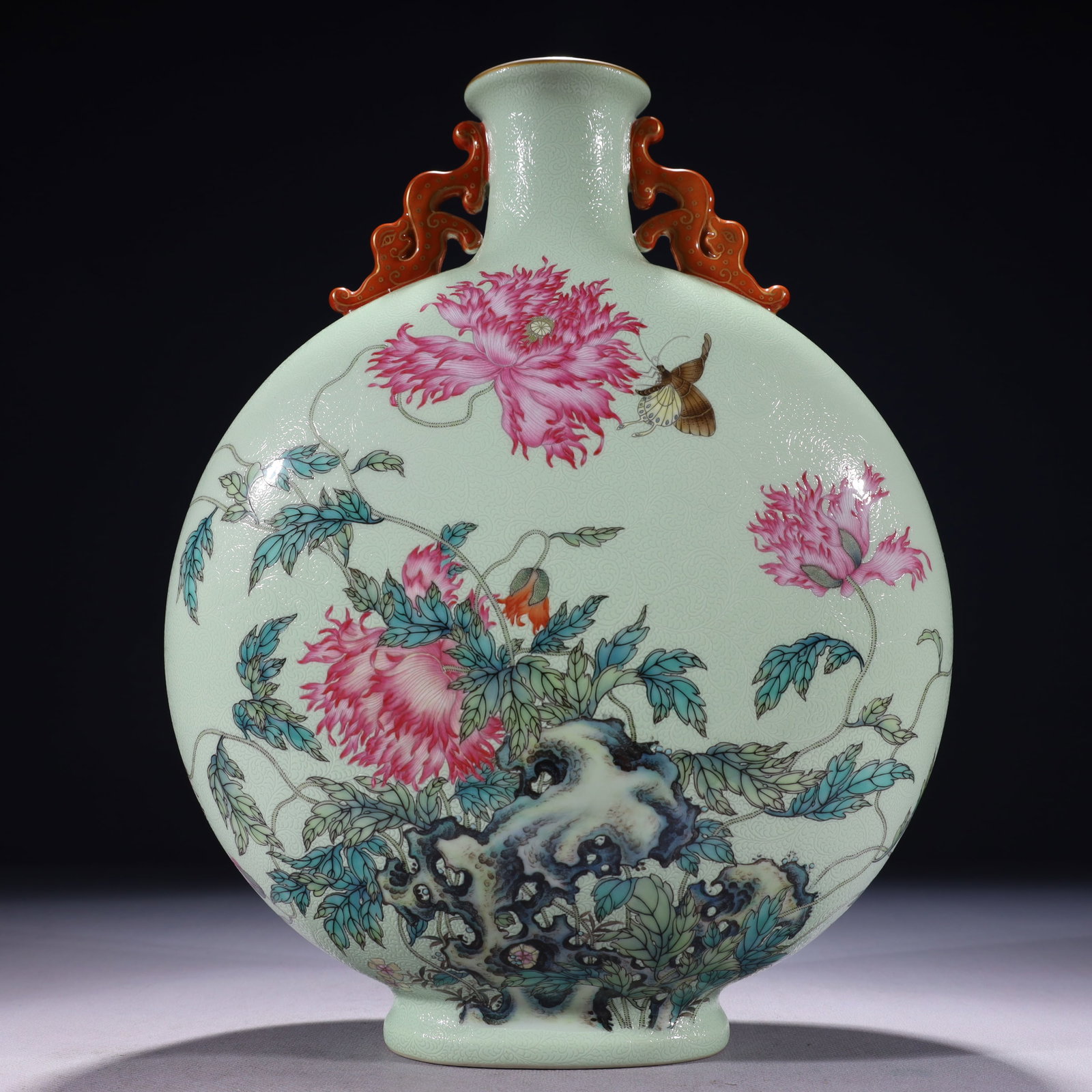An Exquisite Green Ground Famille-Rose Painted Gold Flower and Bird Pattern Double-Ears Vase,with: An Exquisite Green Ground Famille-Rose Painted Gold Flower and Bird Pattern Double-Ears Vase,with poem,Qing Dynasty,China,Qianlong Six-character Mark,Size:9.4inx4.3inx13in,Weight:3250g 绿地