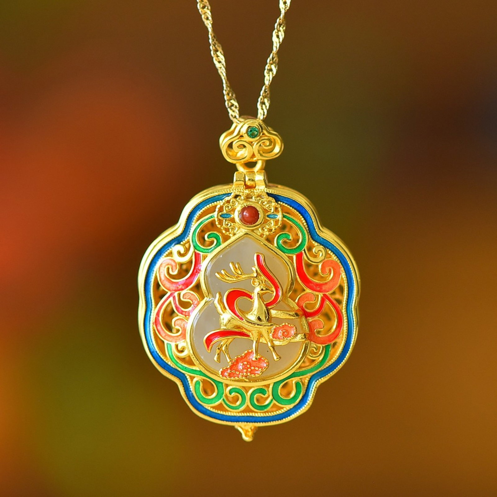 An Exquisite Sterling Silver-Gold Plated Inlaid White Jade Pendant (1 of 5)