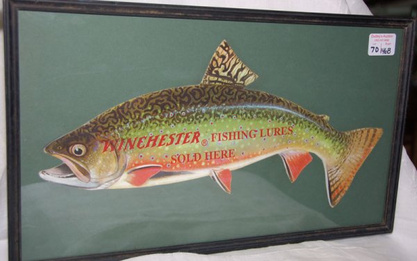 Cut out of fish matted in frame. Says "Wincheste: Cut out of fish matted in frame. Says "Winchester Fishing Lures Sold Here".