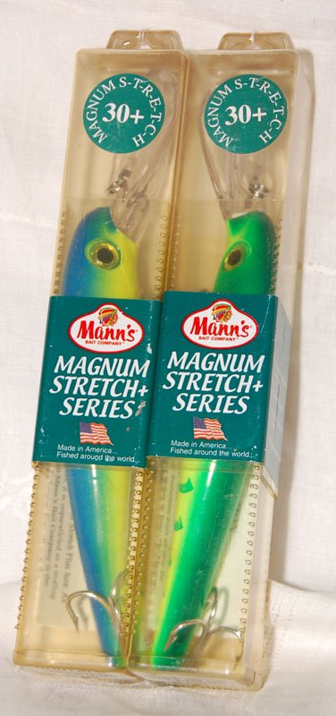 Lot of 2 Magnum Lures: Manns' Magnum Stretch 30+ L: Lot of 2 Magnum Lures: Manns' Magnum Stretch 30+ Lures. One is green and one is blue. In Orig. box w/ paper, still sealed.