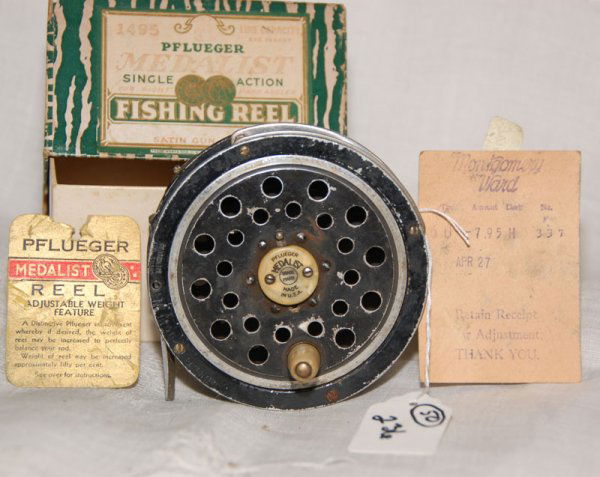 Pflueger Medalist Reel No. 1495 in box w/ orig Mon: Pflueger Medalist Reel No. 1495 in box w/ orig Montgomery Ward Receipt and paper tag.