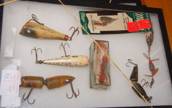 Lot of 7 lures incl. Heddon River Runt Spook: Lot 7 Lures incl. Pflueger Chum Spoon Gold, No 7175, Heddon River Runt Spook Floater, Mepps, Pflueger red painted weight w/ feather, + more!
