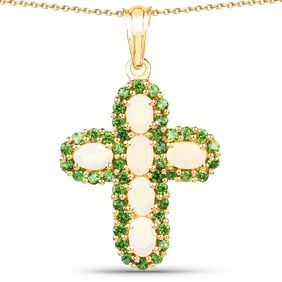 14K Yellow Gold Plated 3.11 Carat Genuine Ethiopian Opal and Chrome Diopside .925 Sterling Silver