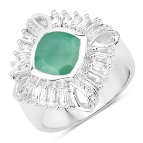 2.57 Carat Genuine Emerald, White Topaz and White Diamond .925 Sterling Silver Ring