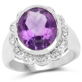 4.04 Carat Genuine Amethyst and White Topaz .925 Sterling Silver Ring