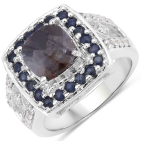 3.58 Carat Genuine Labradorite, Blue Sapphire and White Topaz .925 Sterling Silver Ring