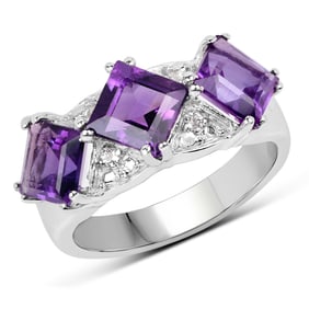 3.09 Carat Genuine Amethyst and White Topaz .925 Sterling Silver Ring