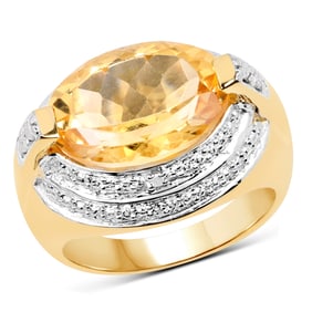 14K Yellow Gold Plated 5.06 Carat Genuine Citrine & White Diamond .925 Sterling Silver Ring