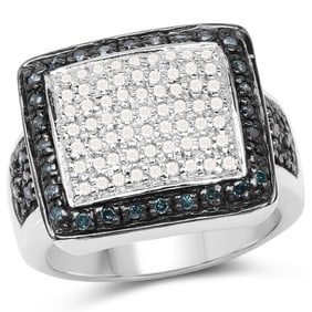 0.64 Carat Genuine White Diamond and Blue Diamond .925 Sterling Silver Ring