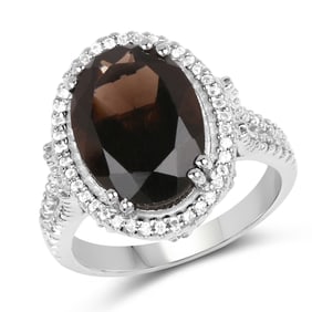 5.80 Carat Genuine Smoky Quartz & White Topaz .925 Sterling Silver Ring