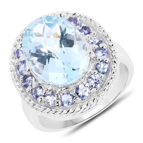 7.41 Carat Genuine Blue Topaz and Tanzanite .925 Sterling Silver Ring